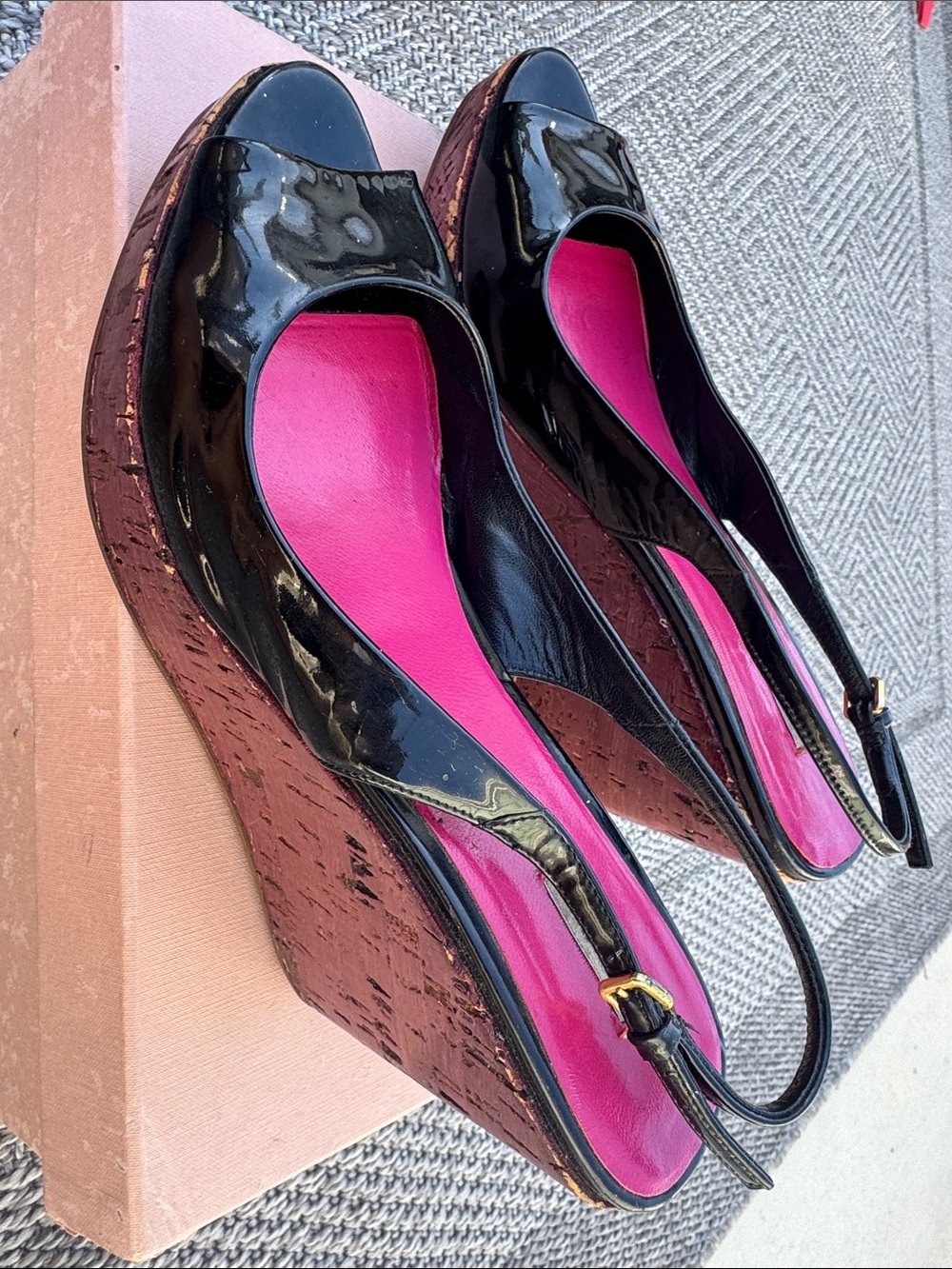 Miu Miu Black Patent Wedge Slingbacks with Hot Pink Insole